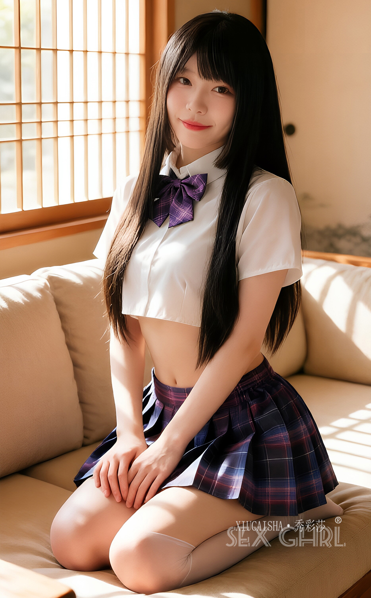 Student-Style Roleplay Lingerie Set with Plaid Skirt, Top, Bow Tie, Thong and Stockings — detail image 17