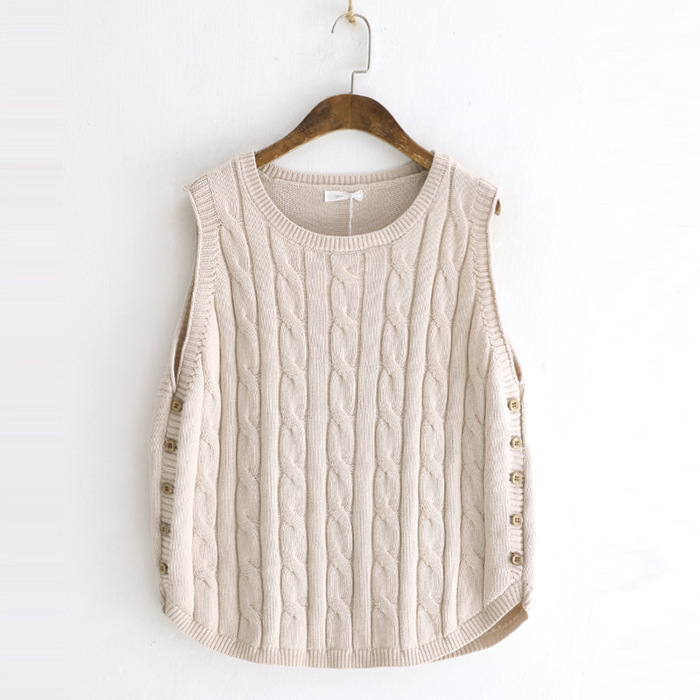 Otoño diseño artístico nicho color sólido Chaleco de punto giro de las mujeres sueltas de dos lados botón suéter chaleco superior