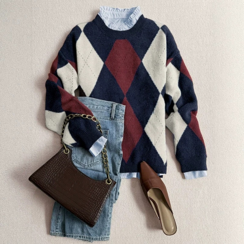Diamond Pattern Sweater for Women, Hot-Selling College Style, Autumn and Winter Retro Color-Blocking, Round Neck, Loose Fit, Suitable for Layering, Direct Supply from the Manufacturer, in Stock Diamond Pattern Sweater for Women, Hot-Selling College Style, Autumn and Winter Retro Color-Blocking, Round Neck, Loose Fit, Suitable for Layering, Direct Supply from the Manufacturer, in Stock