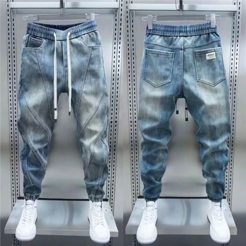 American Retro Patchwork Cargo Jeans for Men, Trendy Brand, Stylish Loose Jogger Harem Pants, Spring and Autumn Cropped Pants