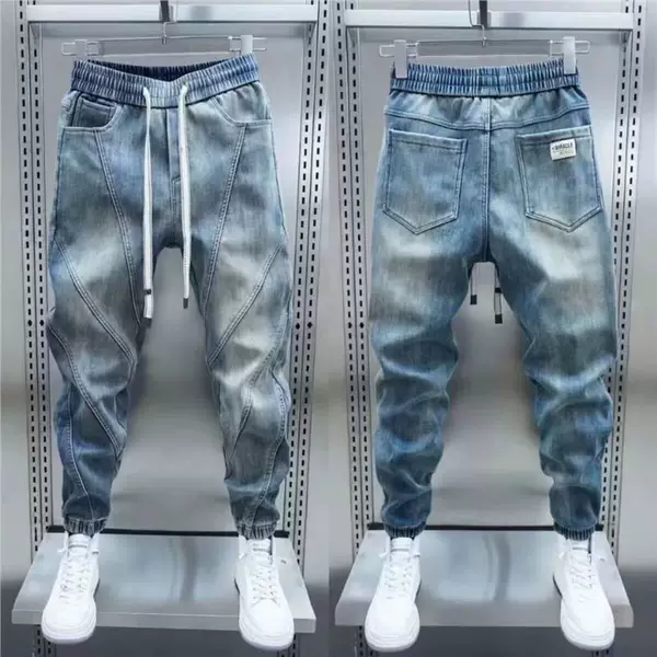 American Retro Patchwork Cargo Jeans for Men, Trendy Brand, Stylish Loose Jogger Harem Pants, Spring and Autumn Cropped Pants