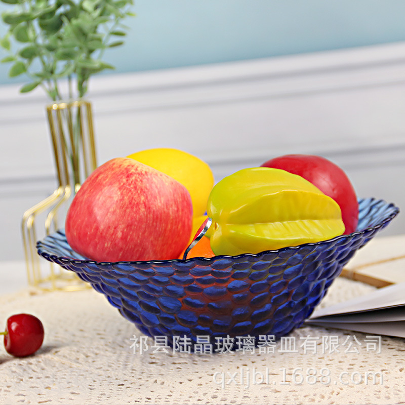 Patrón de martillo de vidrio azul de estilo europeo plato de fruta Nórdico creativo plato de ensalada de frutas plato de vidrio plato de fruta de color