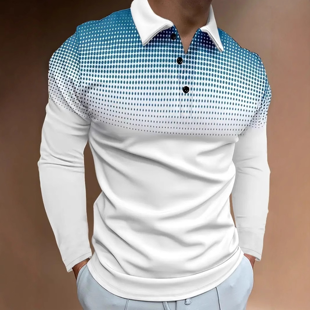 Puntos de color degradado simples con estampado 3D para hombres casuales de todo fósforo negocios sueltos de manga larga con cuello con botones en stock
