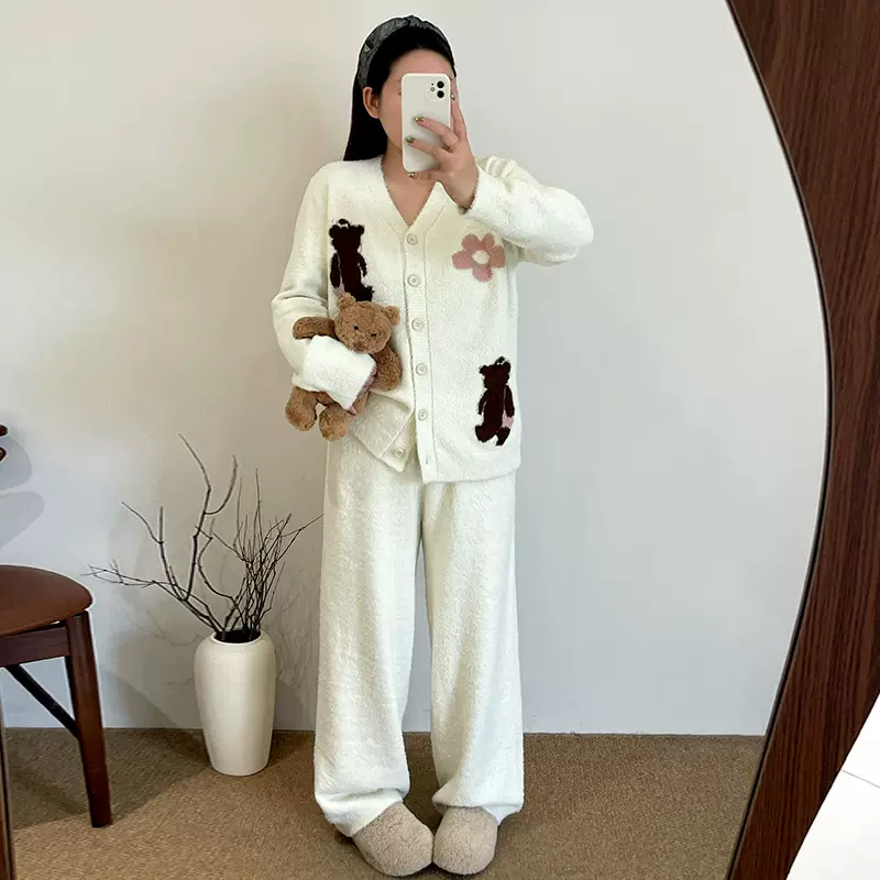 大码女装加绒加厚针织提花睡衣女2025冬胖mm休闲家居服套装23637