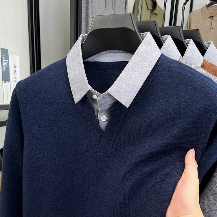 Primavera y otoño con solapa de manga larga de hombre base popular camiseta de punto de hombre falsa dos piezas de chaqueta simple suéter casual suelto