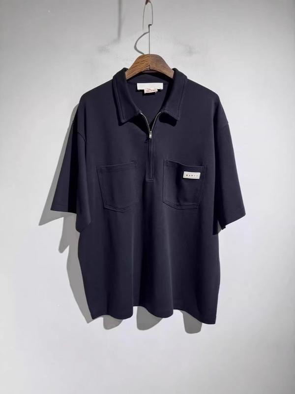 Cross-Border Marni Double-Pocket Zipper Polo Shirt Short-Sleeve T-Shirt Hong Kong Style Retro Versatile Simple Men's T-Shirt