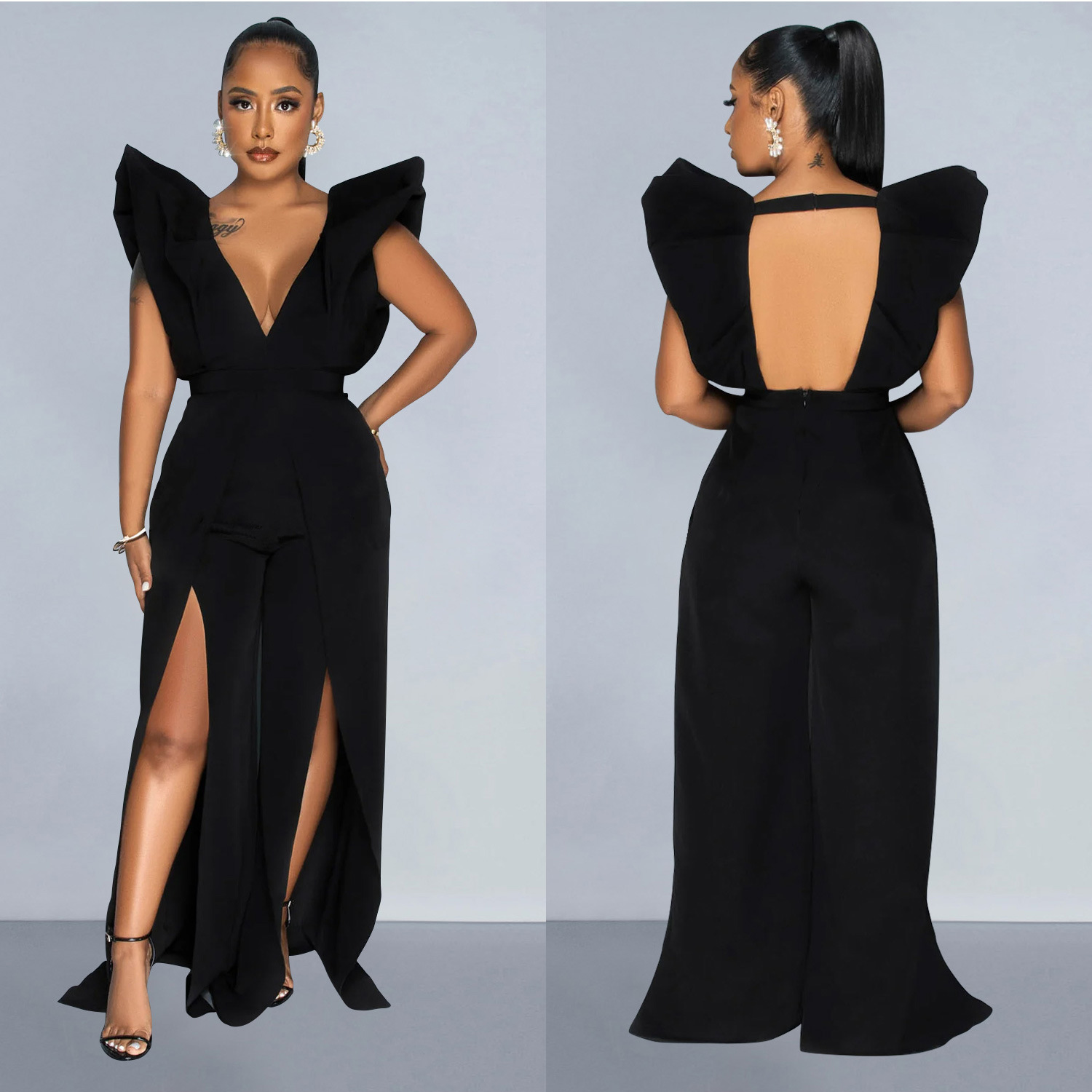C6805 transfronteriza AliExpress Amazon europeo y americano de moda de las mujeres de color sólido sexy con cuello en V pantalones plisados mono