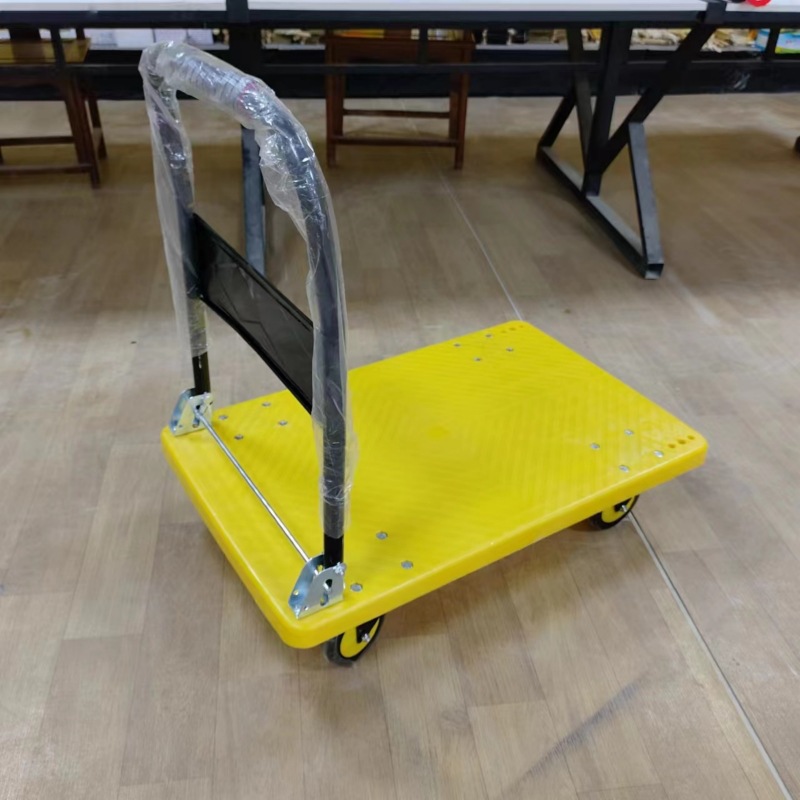 Carro de plástico, remolque de carga plano, plegable 60*90, tablero de plástico amarillo, doble refuerzo, una pieza, 2 carros