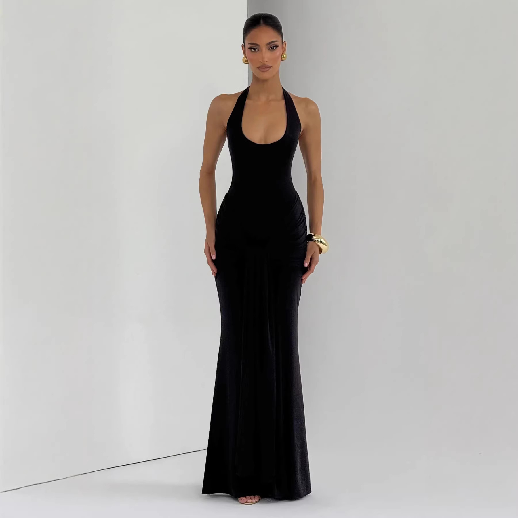 Fronteras europeas y estadounidenses ropa de mujer primavera nueva moda cuello en U cuello colgando cinturón empalmado cinturón delgado vestido de cadera image 5