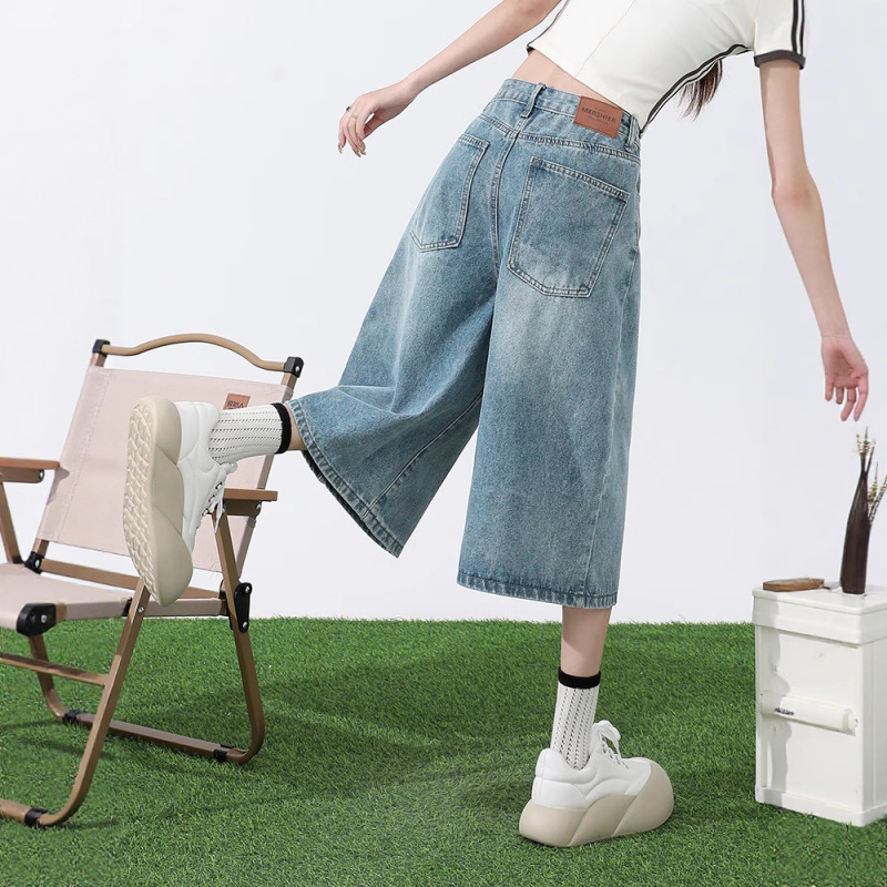 Summer Thin New High-End Cropped Pants for Women, Spring and Autumn Light-Colored Plus-Size Loose Wide-Leg Mid-Length Petite Jeans