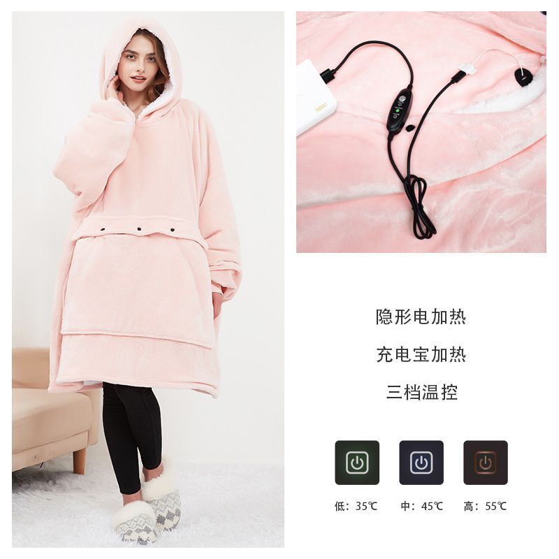 USB 가열 홈 의류 후드 게으른 담요 판초 남녀 전기 플란넬 더블 레이어 두꺼운 커플 잠옷