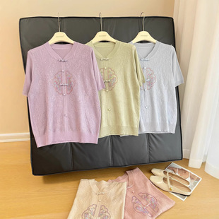 Chinese-Style Knitted Rhinestone Mom Sweater 2025 New Loose-Fitting Short-Sleeve Top for Middle-Aged and Elderly Women