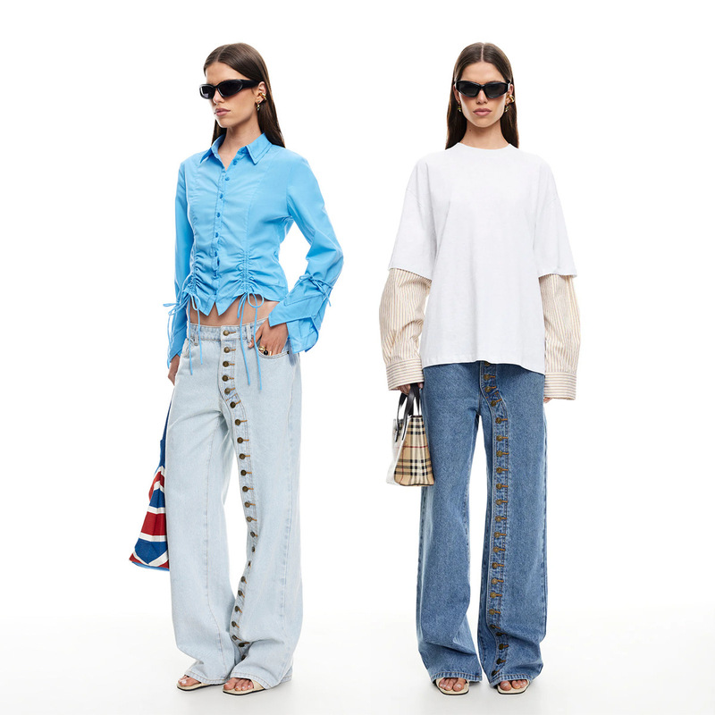 Amazon Aliexpress 2025 European and American Women's Low-Waist Multi-Button Asymmetric Stylish Trendy Straight Denim Pants