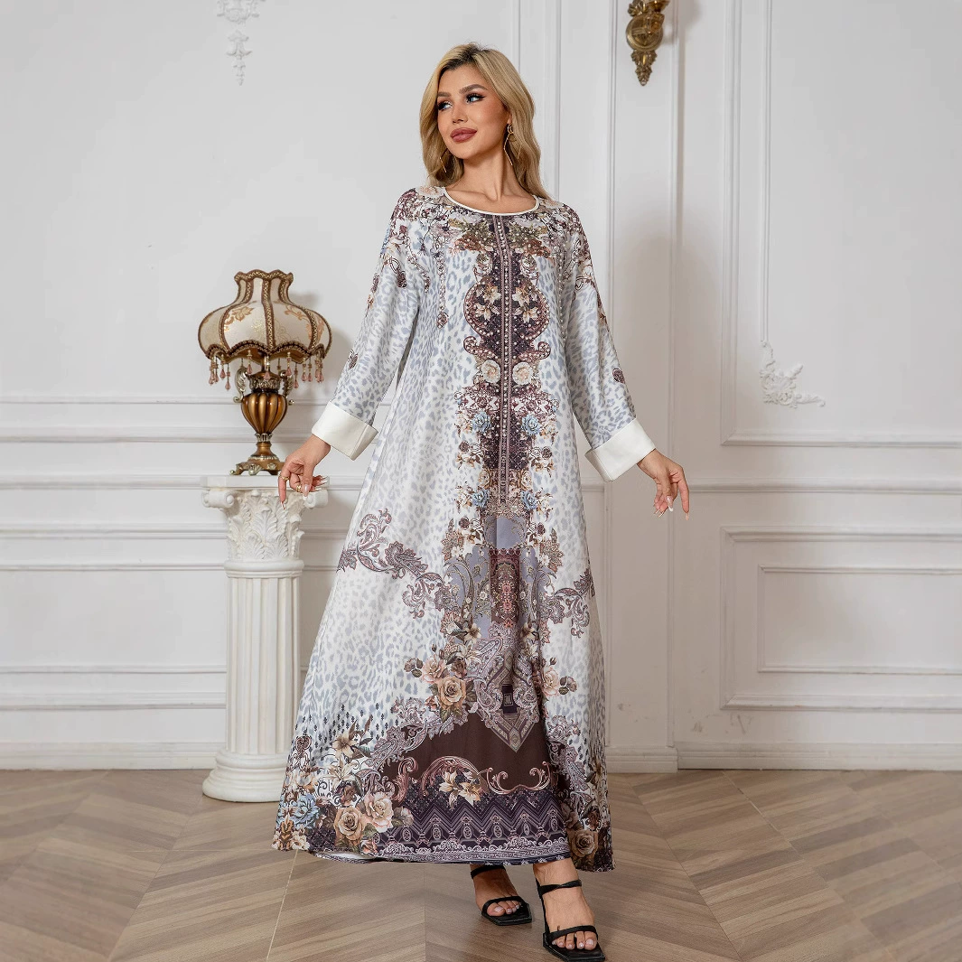 SW1108 Ближневосточное мусульманское женское платье-халат с леопардовым принтом, бисером и стразами, длинная юбка-платье Абайя