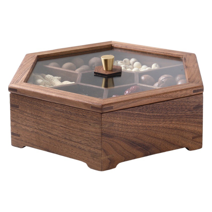 Caja de fruta seca de madera maciza de nogal negro con tapa plato de fruta seca nuevo estilo chino Luz de lujo creativo boda exquisita caja de regalo de almacenamiento