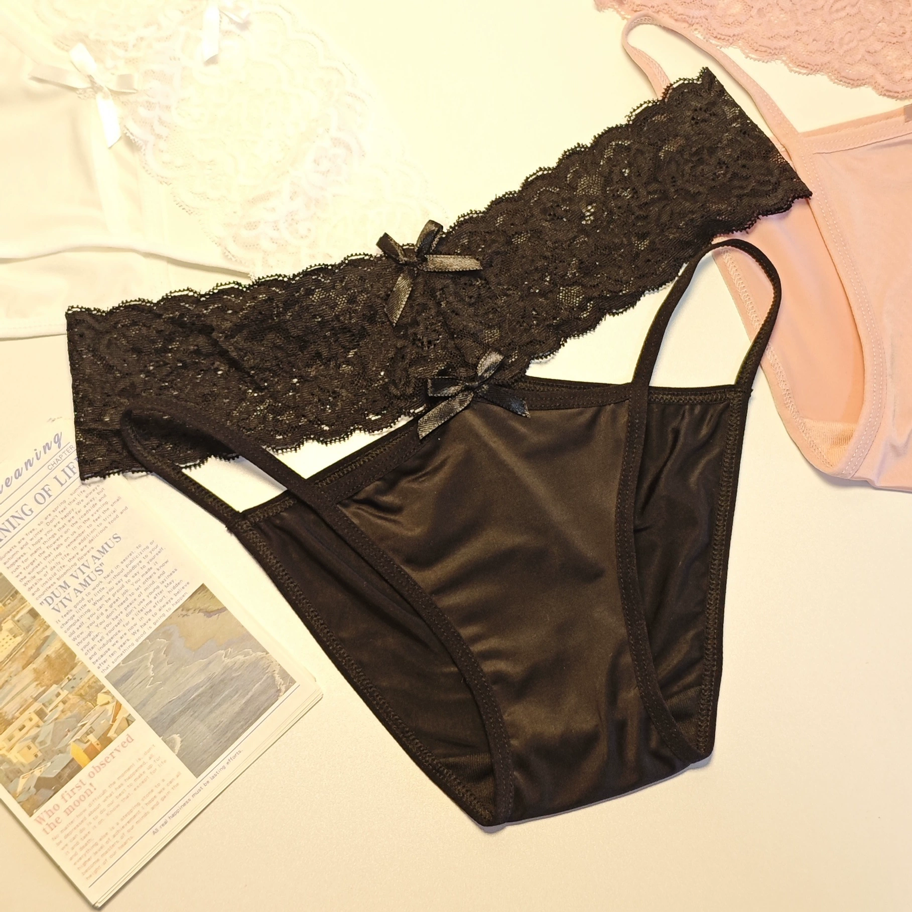 Japanese sexy lace breathable underwear with bow, cotton pants