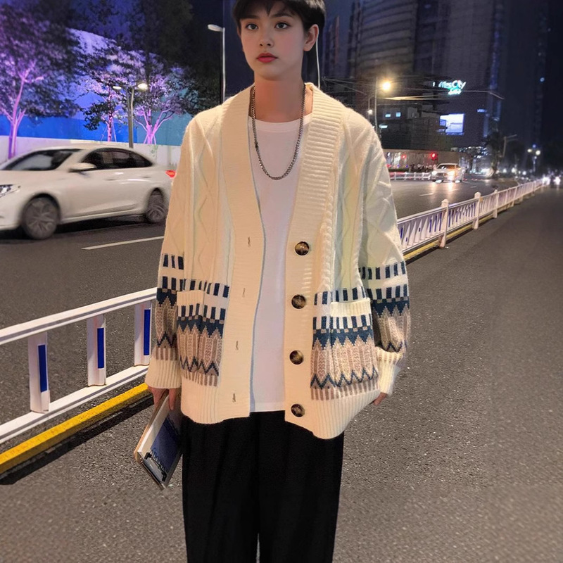 National Fashion Vintage Knitted Cardigan Men's Spring and Autumn College Style Sweater Japanese Style Lazy Loose Couple's Sweater Jacket