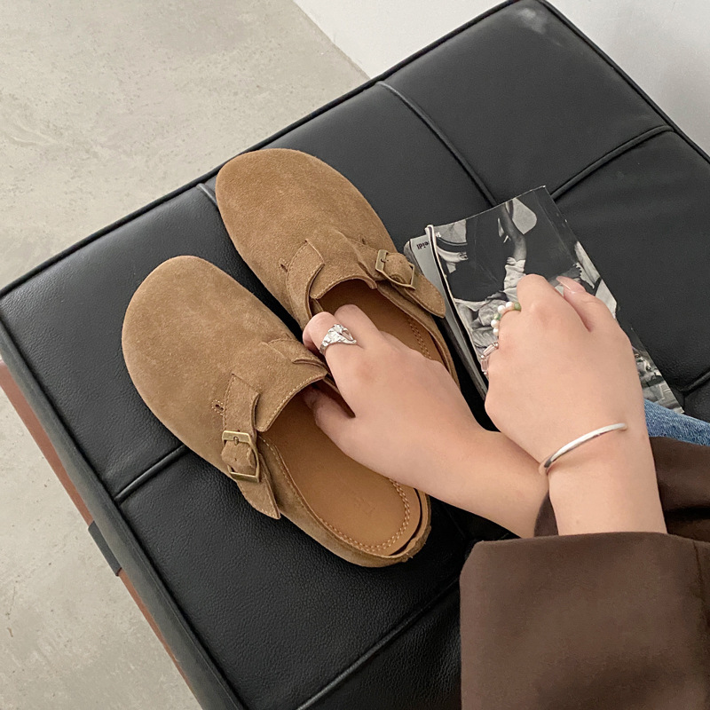 Genuine Leather Cow Velvet Round Head Retro 2023 Autumn New Flat Soft Bottom All-Match Slip-on Baotou Half Slippers