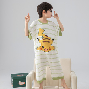 Children's One-Piece Pajamas, Boys' Short-Sleeved Modal Summer, Medium and Large Kidsren's Cartoon Boys' Anti-Kick Quilted One-Piece Home Clothes