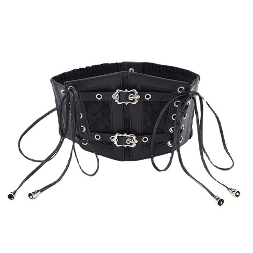 Lace strap leather girdle for women's decorative body shaping waist black European and American retro metal buckle elastic waist