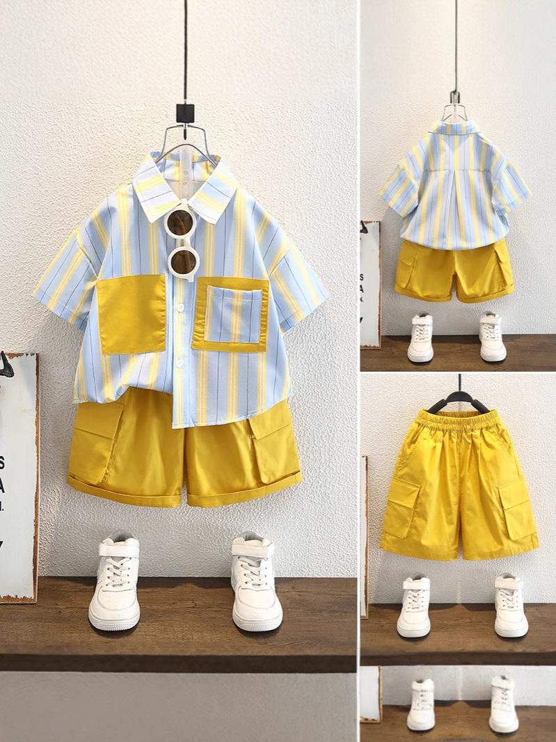 7829 traje de manga corta para niños 2024 verano nuevo estilo estilo occidental camisa a rayas para bebés traje de dos piezas de verano para niños