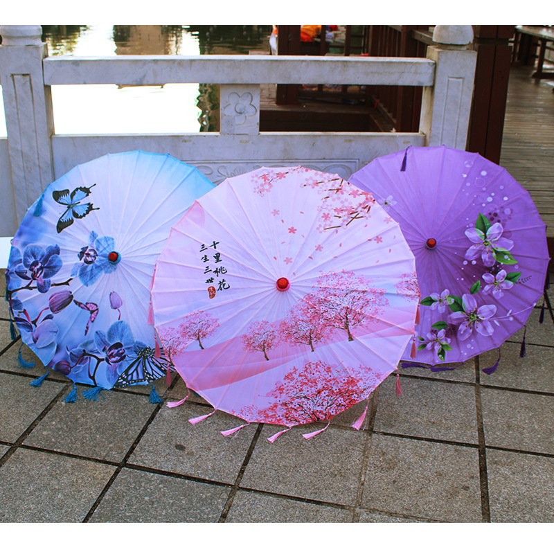 印花綢布流蘇傘中國風漢服古裝舞蹈吊頂表演裝飾綢布工藝傘批發