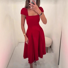 レッドカジュアルファッションホリデードレス 2025 婦人服レトロスクエアカラーランバーショートスリーブウエスト痩身シンプルなドレス
