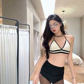 韩国ins风泳衣女分体比基尼性感小胸聚拢高腰遮肚显瘦针织游泳衣