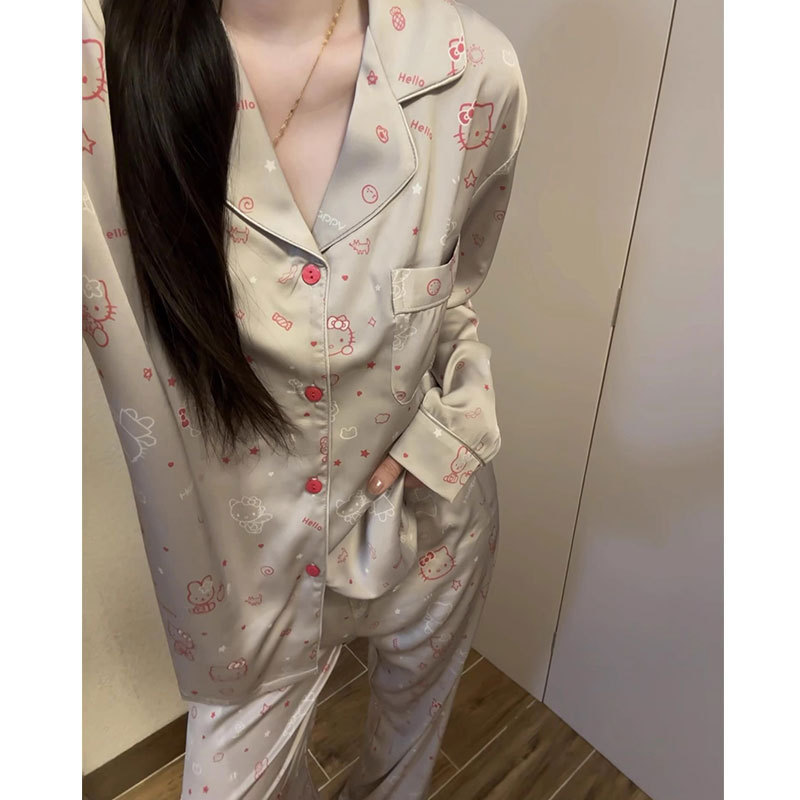 Women's Pajamas with Long Sleeves and Long Pants, Light Luxury Style, Sweet and Girly, Ice Silk Imitation Silk, Women's Loungewear Women's Pajamas with Long Sleeves and Long Pants, Light Luxury Style, Sweet and Girly, Ice Silk Imitation Silk, Women's Loungewear