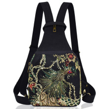 民族风凤凰图案刺绣女士胸包 多用途双层带拉链小帆布背包双肩包