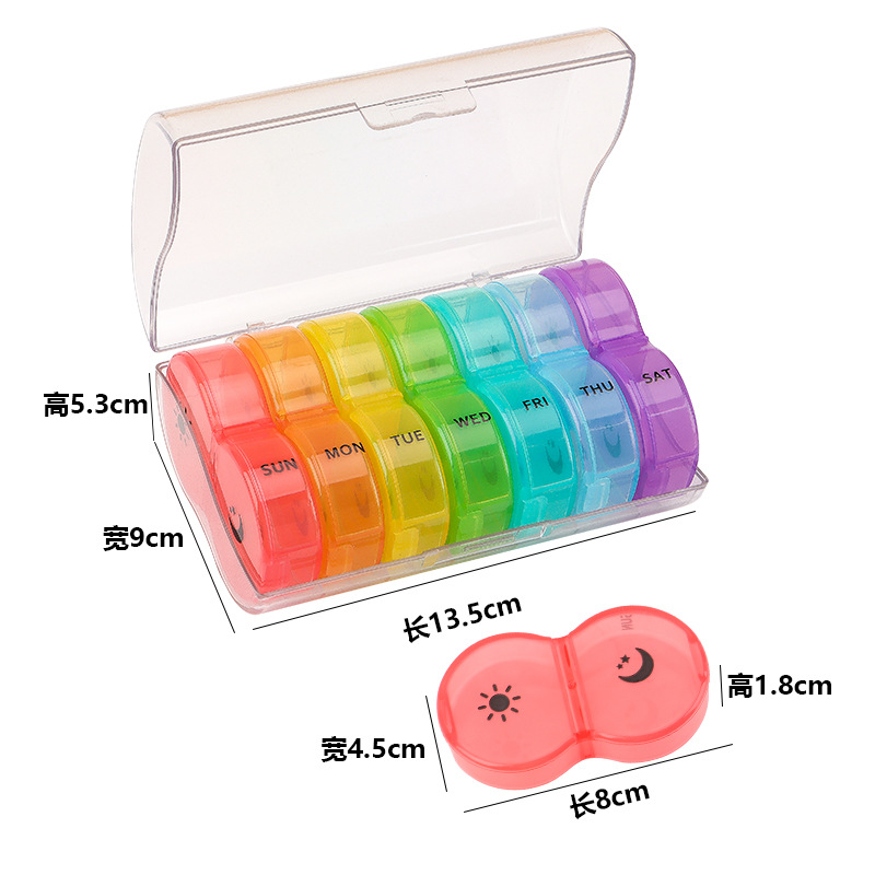 Caja de Medicina de plástico desmontable portátil para una semana por la mañana y por la noche Caja de medicina redonda de siete días mini viaje a prueba de humedad 14-rejilla