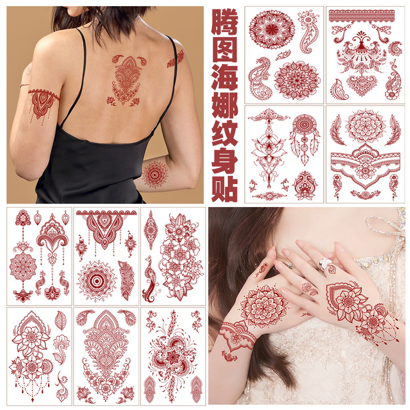 Cross-Border New Brown-Red Henna Tattoo Stickers Simulate European and American Hanna Lace Hand and Leg Temporary Tattoo Stickers