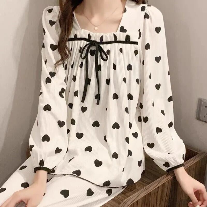 Women's Pajamas, One-Line Collar, Long Sleeves, Long Pants, Solid Color Suit, Loose-Fitting Spring and Summer Milk Silk Pullover Casual Home Wear