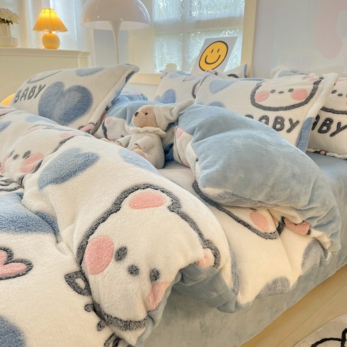 Snowflake velvet four-piece winter warm coral velvet cute cartoon style double-sided velvet 3D three-dimensional milk velvet four-piece set