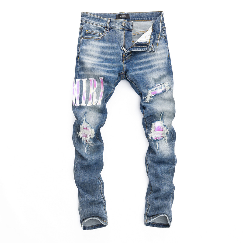 2025 Export Spring and Summer Men's Ripped Patch Jeans Youth Slim Amiri Pants Aliexpress Hot Sale