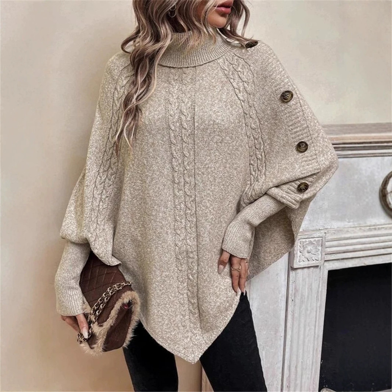 High-Neck Cable-Knit Cape Sweater with Batwing Sleeves, Irregular Hem Pullover, Loose Oversized Shawl Knit Top