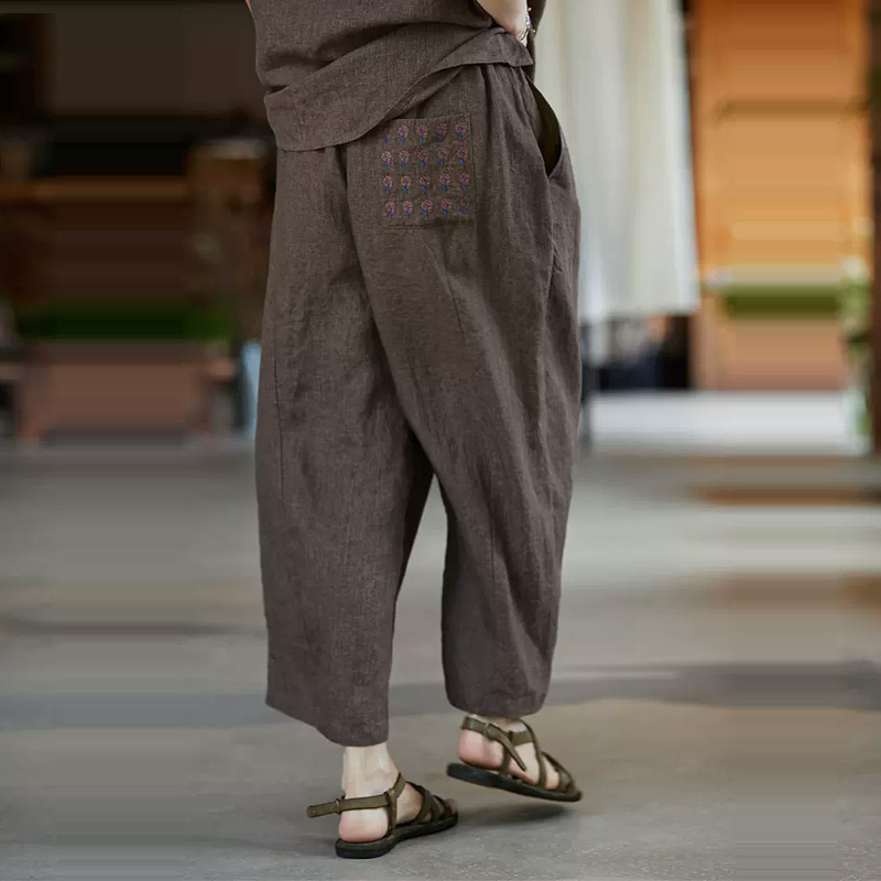 2025 Summer New Tea Brown Linen Elastic Waist Vaseline Dyed Carrot Pants for Women