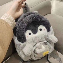 Adorable Penguin Dual-Shoulder Backpack for Girls, Plush Bag with Cartoon Doll Design, Kindergarten Small Schoolbag, Mini Soft and Cute Teenage Backpack