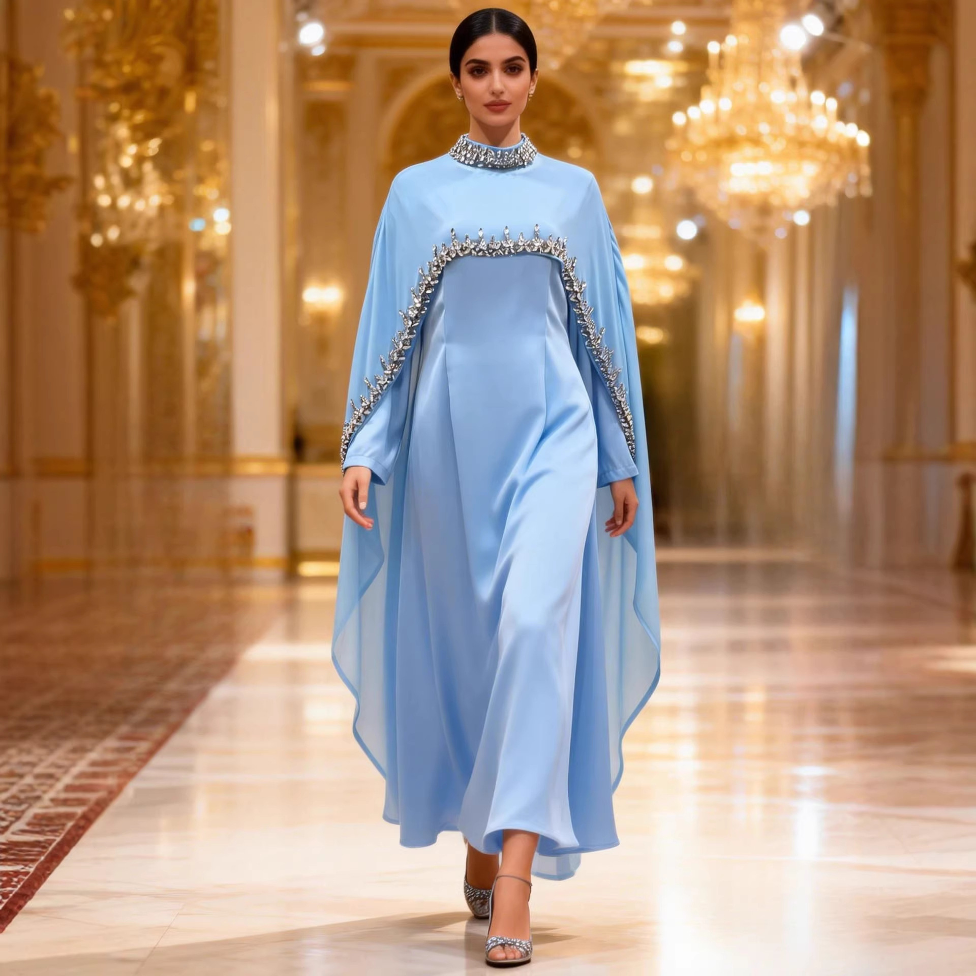 2026 New Style Light Blue Diamond-Studded Cape Dress Luxury Banquet Dress Two-Piece Set