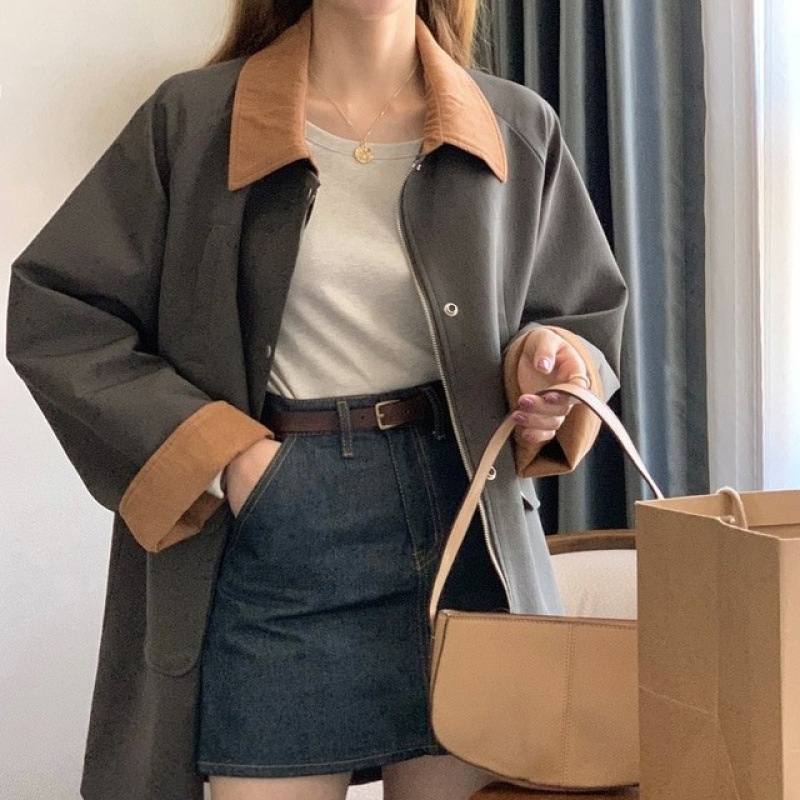 Women's Clothing chic autumn and winter French high end lapel zipper loose casual small short windbreaker jacket for women_voghion.com