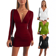 跨境女装欧美亚马逊新款 V领性感长袖款短裙纯色高腰包臀连衣裙