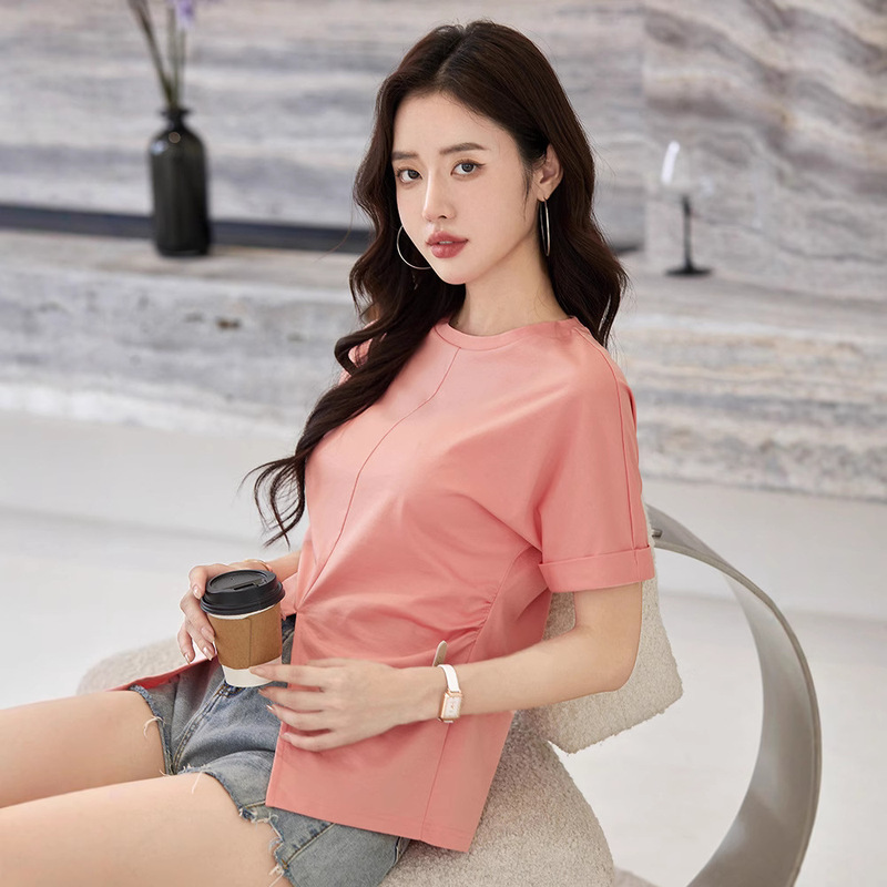 High-end women's top 80 mercerized cotton short-sleeved women's T-shirt casual slit foreign-style good-looking top