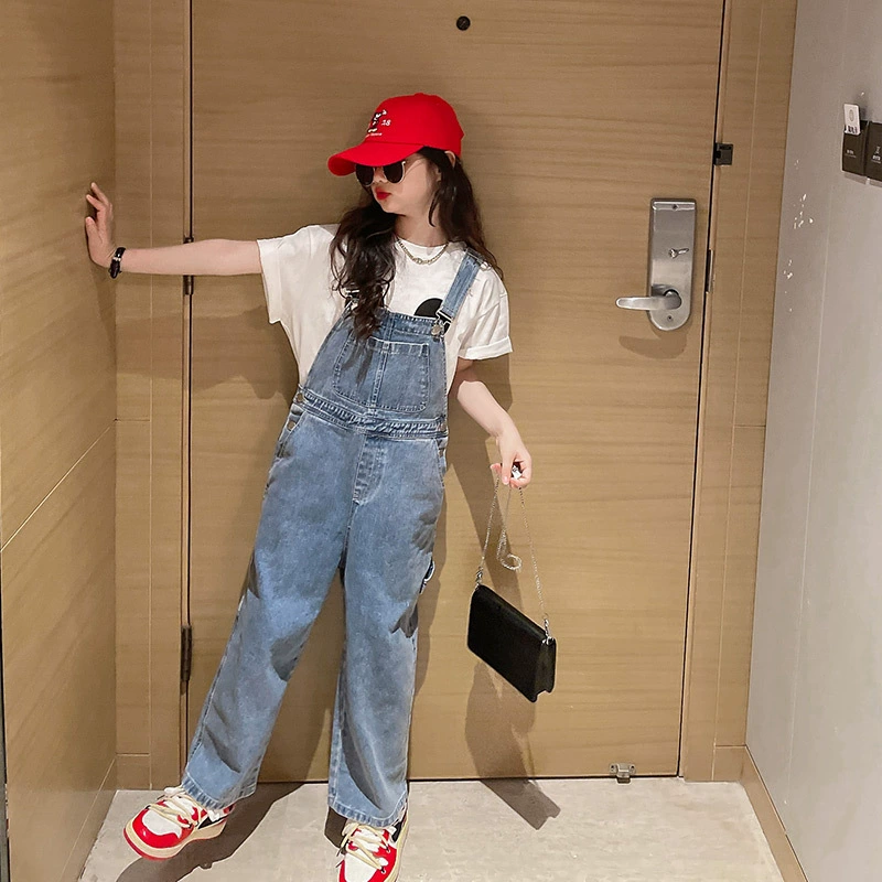 Denim fashionable overall, children's autumn casual trousers for leisure, 2022 collection, Korean style