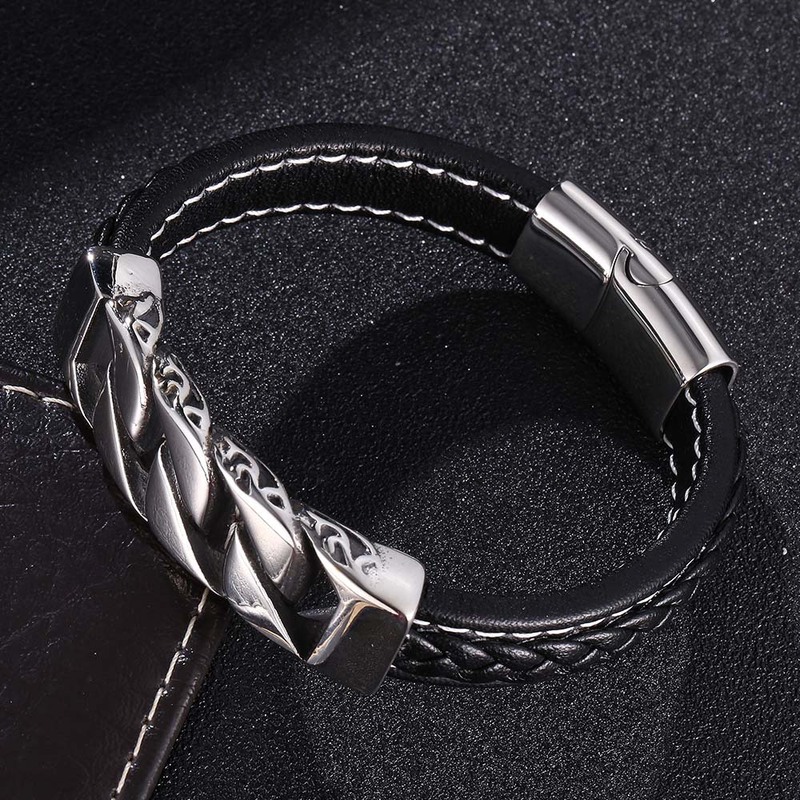 Fashionable Charm Men's Bracelet Black Leather Stainless Steel Magnet Buckle Bracelet High Quality Men's Jewelry