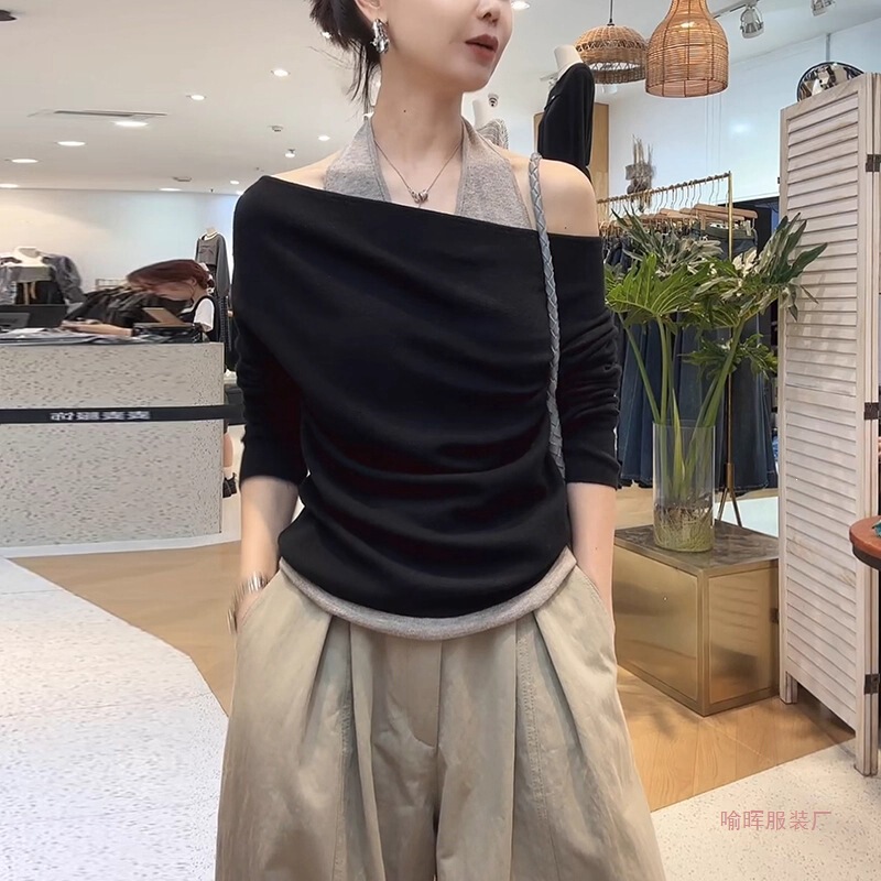 Korean-Style Fake Two-Piece Off-Shoulder Long-Sleeve T-Shirt, Spring and Autumn Style, Asymmetrical Neck, Color-Blocking, Inner Layering Top
