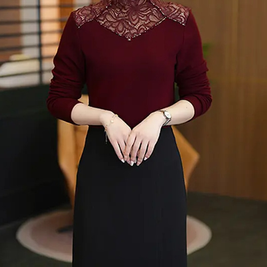 Half Turtleneck Lace Splicing Fleece-Lined Bottoming Shirt for Women, Autumn and Winter Fashionable Style Shirt, Versatile Slimming Look Top