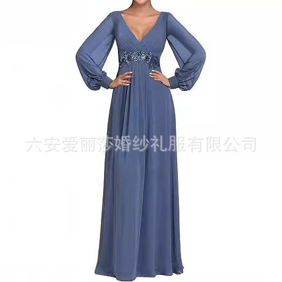 Foreign Trade Dress Elegant Lace Appliqué Chiffon Long Dress Aliexpress V Neck Party Dress