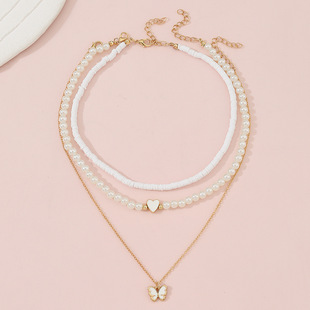 Cross-border Children's New Metal Butterfly Love Pendant Necklace Set Girls Fashion Simple Pearl Necklace Necklace