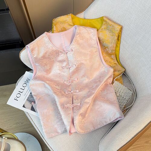 2025 High-End New Chinese Style National Wind Buttoned Lace Sleeveless Vests Women Spring Fashion Loose Tangzhuang Top