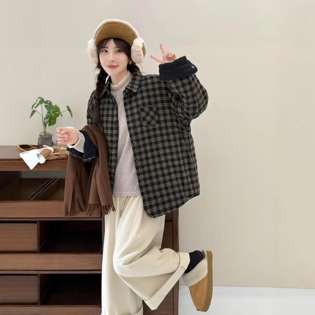 (2개) 가을 새로운 올매치 느슨한 캐주얼 체크 무늬 옷깃 셔츠 재킷